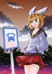  bike_shorts blonde_hair blue_eyes bow collarbone hair_bow hair_ornament hairclip hands_in_pockets hoodie kagamine_rin long_sleeves paolo_antonio_aguasin road_sign sign skirt solo vocaloid wind wind_lift 