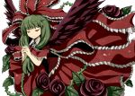  bow closed_eyes dress eyes_closed flower frills front_ponytail gibuchoko green_hair hair_bow hands_together kagiyama_hina leaf long_hair red_rose ribbon rose simple_background skirt smile solo thorns touhou vines white_background wings 