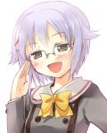  1girl :d adjusting_glasses bespectacled blush bow glasses green_eyes hair_ornament hairclip idolmaster idolmaster_cinderella_girls koshimizu_sachiko long_sleeves open_mouth school_uniform short_hair silver_hair smile solo tilm white_background 