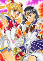  absurdres bishoujo_senshi_sailor_moon highres lips magical_girl marker_(medium) multiple_girls onono sailor_moon sailor_saturn sailor_senshi silence_glaive staff super_sailor_moon tomoe_hotaru traditional_media tsukino_usagi wand 