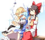  ascot barefoot blonde_hair blue_dress blue_hair bow bowl brown_hair cirno detached_sleeves dress eating grey_eyes hair_bow hair_tubes hakurei_reimu hat hat_removed headwear_removed kirisame_marisa miko multiple_girls open_mouth shaved_ice shirt sitting skirt skirt_set sukocchi summer touhou translated translation_request wind_chime wink witch witch_hat yellow_eyes 