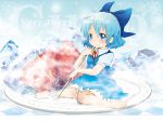  bare_shoulders barefoot berry_jou blue_eyes blue_hair blush bow cirno food frozen fruit girl_in_food hair_bow ice in_food minigirl plate ribbon short_hair sitting solo spoon strawberry touhou wariza 