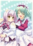  2girls :d ^_^ amaha_miu angelina_nanatsu_sewell aqua_hair artist_request blush bow breasts brown_eyes character closed_eyes hair_bow hairband hand_in_hair hand_on_head hand_on_shoulder maid maid_headdress mashiroiro_symphony multiple_girls open_mouth pout purple_hair request ribbon school_uniform short_hair skirt smile source_request uni_keitai 