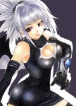  ass bad_id beniyaorin black_legwear breasts cleavage cleavage_cutout earrings elbow_gloves gloves jewelry lips marker_(medium) mixed_media red_eyes shadow_lady shadow_lady_(character) silver_hair skin_tight solo thigh-highs thighhighs traditional_media turning 
