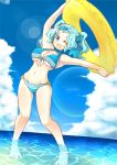  ;d alternate_hairstyle armpits arms_up barefoot bikini blue_eyes blue_hair breasts cleavage happy innertube kumoi_ichirin lens_flare long_hair mound_of_venus naka_akira navel open_mouth shallow_water smile solo swimsuit touhou twintails underboob wading wading_pool water wet wink 