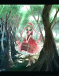  boots bow dress forest frills front_ponytail green_eyes green_hair hair_bow highres kagiyama_hina large_bow letterboxed long_hair miyakure nature ribbon smile solo suitcase sunbeam sunlight touhou tree 