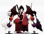  alternate_costume animal_ears arrow black_hair black_legwear black_wings bow_(weapon) child fan geta himekaidou_hatate inubashiri_momiji katana multiple_girls quiver sakuraba_yuuki scabbard shameimaru_aya sheath short_hair silver_hair simple_background sitting sword tail touhou weapon white_legwear wings wolf_ears wolf_tail 