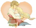  1girl blonde_hair blue_eyes blush bracelet couple earrings hug jewelry link mutsuki_kaya nintendo pointy_ears princess_zelda skyward_sword smile the_legend_of_zelda 