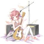  alternate_costume animal_ears earrings feathers giwa guitar hair_ornament highres instrument jewelry microphone microphone_stand mouth_hold mystia_lorelei no_hat no_headwear pink_hair plectrum red_eyes short_hair sitting solo thigh-highs thighhighs touhou white_legwear wings 