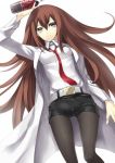  bad_id belt black_legwear bottle brown_hair coat dr_pepper dress grey_dress legwear_under_shorts long_hair makise_kurisu necktie pantyhose shirt shorts smile solo steins;gate takemori_shintarou 