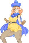  1girl belt blue_eyes breasts cape clenched_hand clenched_hands curly_hair dragon_quest dragon_quest_iv dress fighting_pose fist gloves hat kyura9een legs long_hair orange_hair pantyhose solo 