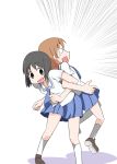  aioi_yuuko back-to-back black_eyes black_hair blush brown_hair lifting locked_arms multiple_girls nichijou open_mouth school_uniform shinonome_nano shirika short_hair skirt smile tears 