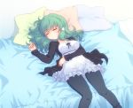  alternate_costume bed blush breasts casual closed_eyes contemporany contemporary curly_hair dress eyes_closed green_hair hair_ornament hair_tubes kochiya_sanae lying miruki on_back pants pillow sleep sleeping solo touhou 