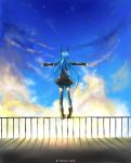  from_behind horns long_hair original outstretched_arms sky spread_arms striped striped_legwear thighhighs youji-kun 