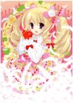  blonde_hair blush curly_hair dress feather flower food_themed_clothes happy heart long_hair open_mouth original ribbon solo twintails violet_eyes yoshiwo 