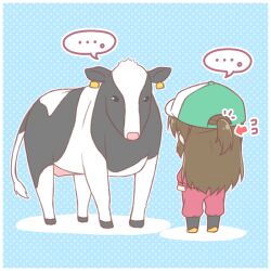  ... 1girl animal arrow_(symbol) baseball_cap black_boots blue_background boots chibi cinderella_girls_gekijou commentary_request cow green_hat hair_through_headwear hat idolmaster idolmaster_cinderella_girls jacket mitarashi_neko notice_lines pants polka_dot polka_dot_background ponytail purple_jacket purple_pants shadow solo spoken_ellipsis standing tachibana_arisu translation_request 
