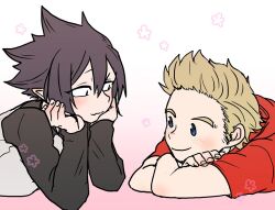  2boys aged_down amajiki_tamaki black_hair blonde_hair blue_eyes blush boku_no_hero_academia child closed_mouth commentary_request crossed_arms double-parted_bangs eye_contact hair_between_eyes head_rest long_sleeves looking_at_another lying male_focus multiple_boys on_stomach raglan_sleeves red_shirt shirt short_hair short_sleeves sideburns spiky_hair tama4664amat togata_mirio wavy_mouth 