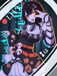  1girl ahoge animal_ear_headphones animal_ears asymmetrical_sleeves bare_shoulders belt black_choker black_hair black_nails black_sweater cat_ear_headphones cat_ears choker cowboy_shot cross-laced_clothes cross-laced_dress dress eyeball_hair_ornament fake_animal_ears glowing glowing_eye headphones highres layered_dress livestream long_sleeves looking_at_viewer mahou_shoujo_no_majo_saiban multicolored_hair nail_polish off-shoulder_sweater off_shoulder open_mouth orange_eyes orange_nails sawatari_coco sharp_teeth shirt short_hair single_bare_shoulder skirt skull slit_pupils solo streaked_hair striped_sleeves stuffed_animal stuffed_cat stuffed_toy sweater teeth user_mxtv5523 v v_over_eye white_shirt white_skirt wide_sleeves 