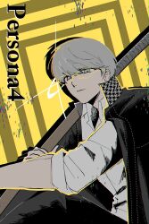  1boy black_jacket black_pants collared_shirt commentary glasses grey_eyes grey_hair highres ibgwataku jacket jacket_on_shoulders male_focus narukami_yu open_clothes open_jacket pants persona persona_4 persona_4_revival round_eyewear school_uniform shirt solo untranslatable_commentary white_shirt yasogami_school_uniform 