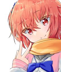  1girl blue_bow blue_bowtie blue_scrunchie blush bow bowtie closed_mouth colored_eyelashes commentary_request f7_64 grey_sailor_collar hair_between_eyes hair_ornament hair_scrunchie hand_up inaba_meguru jacket long_hair looking_at_viewer one_side_up orange_hair pink_jacket red_eyes sailor_collar sanoba_witch scarf school_uniform scrunchie serafuku shirt simple_background sleeves_past_wrists smile solo upper_body v white_background white_shirt wide_sleeves yellow_scarf 