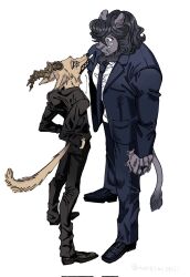  2boys agata_(beastars) animal_ears artist_name beastars black_necktie black_pants black_shoes black_suit closed_mouth commentary_request fangs from_above full_body furry furry_male gazelle_ears gazelle_horns highres lion_boy lion_ears lion_mane lion_tail looking_at_another male_focus melon_(beastars) multiple_boys necktie pants shoes smile suit tail twitter_username wakimichiii whiskers white_background 