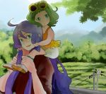  carrying flower green_eyes green_hair gumi kamui_gakupo piggyback ponytail purple_hair short_hair shoulder_carry sunflower vocaloid 