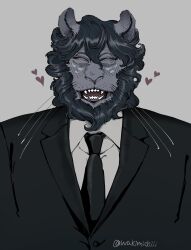  1boy agata_(beastars) animal_ears artist_name beastars black_necktie black_suit blush closed_eyes commentary facing_viewer fangs furry furry_male grey_background heart highres lion_boy lion_ears lion_mane male_focus necktie open_mouth shirt suit twitter_username untranslatable_commentary upper_body wakimichiii whiskers white_shirt 