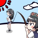  blush chibi fishing_rod flower hair_flower hair_ornament head_wreath long_hair moja_(gibson) panties role_reversal saten_ruiko school_uniform serafuku short_hair skirt skirt_lift striped striped_panties to_aru_kagaku_no_railgun to_aru_majutsu_no_index uiharu_kazari underwear upskirt 