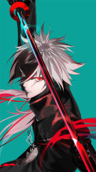  1boy aqua_background black_gloves black_hair black_jacket eyes_visible_through_hair fate/grand_order fate_(series) gloves hair_over_one_eye highres holding holding_sword holding_weapon jacket kondou_isami_(fate) kondou_isami_(first_ascension)_(fate) long_hair looking_at_viewer pako_(pakosun) red_eyes red_hair simple_background solo sword tassel weapon white_hair wolf_cut zipper 