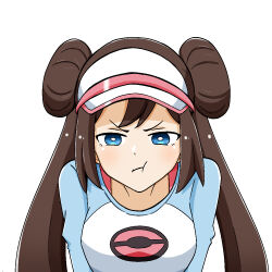  1girl :t blue_eyes bright_pupils brown_hair closed_mouth commentary_request double_bun hair_bun long_hair niwaka_(nininiwawaka) pokemon pokemon_black_2_and_white_2 pout raglan_sleeves rosa_(pokemon) shirt sidelocks simple_background solo twintails upper_body v-shaped_eyebrows visor_cap white_background white_pupils 