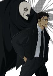  1boy black_eyes black_hair black_jacket black_necktie black_pants collared_shirt feenwege highres higuruma_hiromi jacket judgeman_(jujutsu_kaisen) jujutsu_kaisen long_sleeves male_focus necktie pants parted_lips shirt short_hair solo white_shirt 