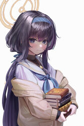  1girl bags_under_eyes black_hair black_shirt blue_archive book brown_cardigan brown_halo cardigan commentary crossed_bangs grey_cardigan hairband halo highres holding holding_book long_hair looking_at_viewer low_ponytail neckerchief open_cardigan open_clothes ponytail purple_hairband purple_neckerchief rurikon sailor_collar school_uniform serafuku shirt solo turtleneck turtleneck_shirt ui_(blue_archive) undershirt white_background white_sailor_collar white_serafuku 