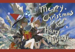  2girls barefoot black_dress blonde_hair blue_eyes blue_sky braid capelet day dress gift green_hair hat highres holding holding_gift kevin_adi letterboxed long_hair long_sleeves multiple_girls open_mouth original outdoors sitting skirt sky smile twintails violet_eyes witch witch_hat yellow_eyes 