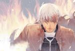  archer blood blood_on_face fate/stay_night fate_(series) fire koto_eri male serious solo white_hair 