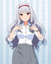  1girl bow card_commentary closed_mouth collared_shirt commentary_request cowboy_shot dress_shirt game_asset grey_hair grey_skirt hair_bow hairband hands_up idolmaster idolmaster_(classic) idolmaster_million_live! idolmaster_million_live!_theater_days light_blush long_hair looking_at_viewer official_alternate_costume official_art pink_eyes plaid_clothes plaid_skirt red_bow red_hairband shijou_takane shirt skirt smile solo standing summer_college_(idolmaster) third-party_source watch watch white_shirt 