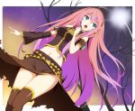  ahoge asymmetrical_clothes asymmetrical_clothing blue_eyes breasts dansa detached_sleeves long_hair megurine_luka midriff petals pink_hair side_slit solo star thigh-highs thighhighs tree very_long_hair vocaloid zettai_ryouiki 