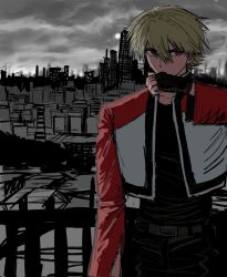  1boy belt black_belt black_gloves black_pants black_shirt blonde_hair cityscape clouds cloudy_sky cropped_jacket fatal_fury fingerless_gloves gloves grey_sky hair_between_eyes highres jacket looking_at_viewer male_focus pants red_eyes rock_howard shirt short_hair sky solo yagitom0 