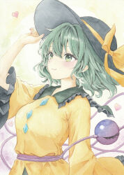  1girl black_hat blush bow buttons chikichiita closed_mouth collared_shirt commentary_request diamond_button disembodied_linked_eye eyeball frilled_shirt_collar frilled_sleeves frills green_eyes green_hair hand_on_headwear hat hat_bow heart highres komeiji_koishi long_sleeves painting_(medium) pink_nails shirt smile solo touhou traditional_media upper_body watercolor_(medium) wide_sleeves yellow_bow yellow_shirt 
