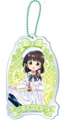  1girl :d beret blue_bow blue_bowtie blunt_bangs bow bowtie brown_hair candle character_name charm_(object) checkered_background copyright_logo copyright_notice dress flower gochuumon_wa_usagi_desu_ka? gradient_background green_background green_bow green_eyes hair_flower hair_ornament hair_ribbon hat highres holding holding_candle holding_own_skirt logo long_hair long_sleeves looking_at_viewer low-tied_long_hair musical_note official_art open_mouth ribbon sailor_collar sailor_dress sidelocks smile solo standing striped_bow striped_bowtie striped_clothes ujimatsu_chiya upper_body white_dress white_hat white_ribbon white_sailor_collar 