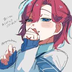  1boy armband blue_armband blue_eyes blue_sweater blush covering_own_mouth grin half_updo highres hyoutenka_30-do_no_zetsubou jacket looking_at_another mitsudomoe_koubou_(series) portrait ptpttakosan red_hair smile solo sparkling_eyes sweater tonimura_yui white_jacket 