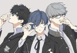  3boys adjusting_eyewear amamiya_ren bespectacled black-framed_eyewear black_bow black_bowtie black_hair black_jacket blue_eyes blue_hair blue_nails bow bowtie collared_shirt gekkoukan_high_school_uniform glasses grey_background grey_eyes grey_hair highres houndstooth jacket male_focus meimei_hituzi messy_hair multiple_boys nail_polish narukami_yu persona persona_3 persona_4 persona_5 rectangular_eyewear red_nails school_uniform shirt short_hair shuujin_academy_school_uniform simple_background upper_body white_shirt yasogami_school_uniform yellow_nails yuuki_makoto_(persona_3) 