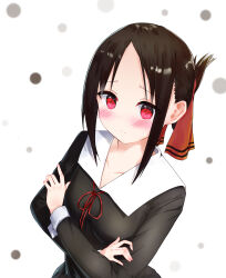  1girl absurdres black_dress black_hair blush breasts closed_mouth commentary_request cowboy_shot crossed_arms donguru dot_nose dress eyebrows_hidden_by_hair from_above highres kaguya-sama_wa_kokurasetai_~tensai-tachi_no_renai_zunousen~ long_sleeves looking_at_viewer looking_up neck_ribbon parted_bangs raised_inner_eyebrows red_eyes red_pupils red_ribbon ribbon sailor_collar sailor_dress shinomiya_kaguya sidelocks sleeve_cuffs small_breasts smile solo standing white_background white_sailor_collar 
