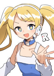  1girl absurdres bare_shoulders blonde_hair blue_dress blue_eyes commentary detached_sleeves dress gazacy_(dai) headset highres long_hair looking_at_viewer open_mouth rta-chan rta_in_japan simple_background sleeveless sleeveless_dress smile solo star-shaped_pupils star_(symbol) symbol-shaped_pupils twintails v-shaped_eyebrows very_long_hair white_background 
