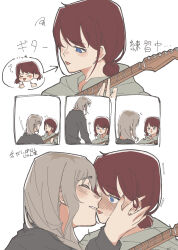  2girls black_sweater blush brown_hair closed_eyes commentary_request girls_band_cry grey_hair grey_hoodie guitar hand_on_another's_cheek hand_on_another's_face highres hood hood_down hoodie instrument iseri_nina kanaha_lazy kawaragi_momoka long_hair low_twintails multiple_girls pinky_out playing_guitar playing_instrument short_hair short_twintails sidelocks sweater tongue tongue_out translation_request twintails yuri 