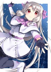  >:) 1girl alternate_costume belt black_garter_straps black_pantyhose blush boots bow buttons capelet coat_dress commentary_request commission dress fate/grand_order fate_(series) fingerless_gloves garter_straps gloves grey_hair hair_bow highres jumping long_sleeves low-tied_sidelocks oshakana pantyhose purple_belt purple_bow reaching reaching_towards_viewer red_eyes short_dress sidelocks sitonai_(fate) skeb_commission smile snowing solo v-shaped_eyebrows white_boots white_capelet white_dress 