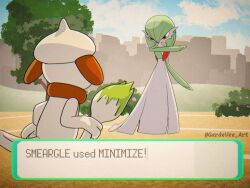  1boy 1girl artist_name bob_cut brown_fur cityscape colored_skin dress gardevoir green_hair green_skin minimize_(pokemon) mochivee_art multicolored_fur multicolored_skin outdoors pokemon pokemon_(creature) red_eyes smeargle tree two-tone_skin video_game_dialogue_box white_dress white_skin 
