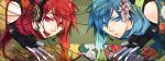  akaito bad_id bitte blue_eyes blue_hair fingerless_gloves flower gloves hair_flower hair_ornament headphones headset highres kaito long_image male mirror_opposites multiple_boys open_mouth red_eyes red_hair redhead scarf symmetry tongue vocaloid wide_image 