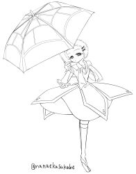  1girl absurdres closed_mouth clothing_request commentary_request eyelashes fingernails full_body greyscale hair_ornament hairclip highres holding holding_umbrella monochrome nanaekusakabe original short_hair simple_background solo standing twitter_username umbrella very_short_hair white_background 