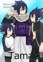  3boys amajiki_tamaki arm_up bag black_hair black_jacket black_pants boku_no_hero_academia buttons cape character_name child commentary_request double-parted_bangs english_text eye_contact gakuran hair_between_eyes holding holding_bag hood hooded_cape jacket layered_sleeves long_pointy_ears long_sleeves looking_at_another looking_to_the_side multiple_boys pants pointy_ears pouch raglan_sleeves school_uniform short_hair spiky_hair superhero_costume tama4664amat time_paradox upturned_eyes vest white_cape white_pants 