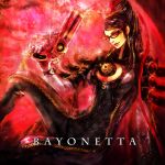  bayonetta_(character) black_hair bodysuit breasts cleavage cleavage_cutout glasses gloves gun handgun long_hair mole tsuya_iruka weapon 